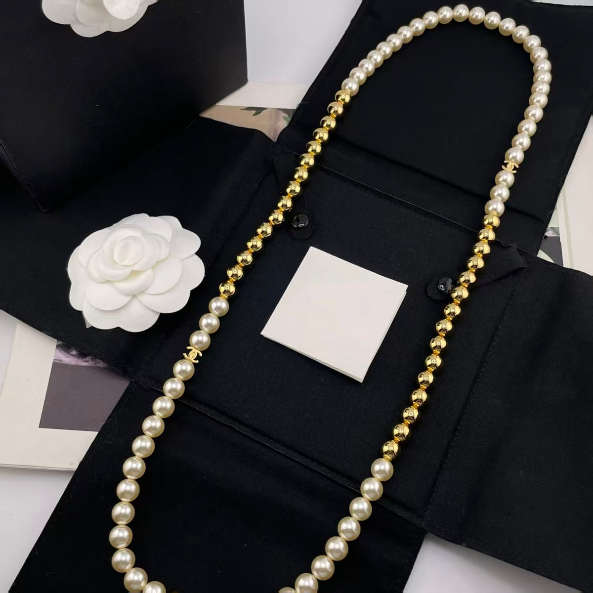 Long Pearl and Metal Bead Station Necklace