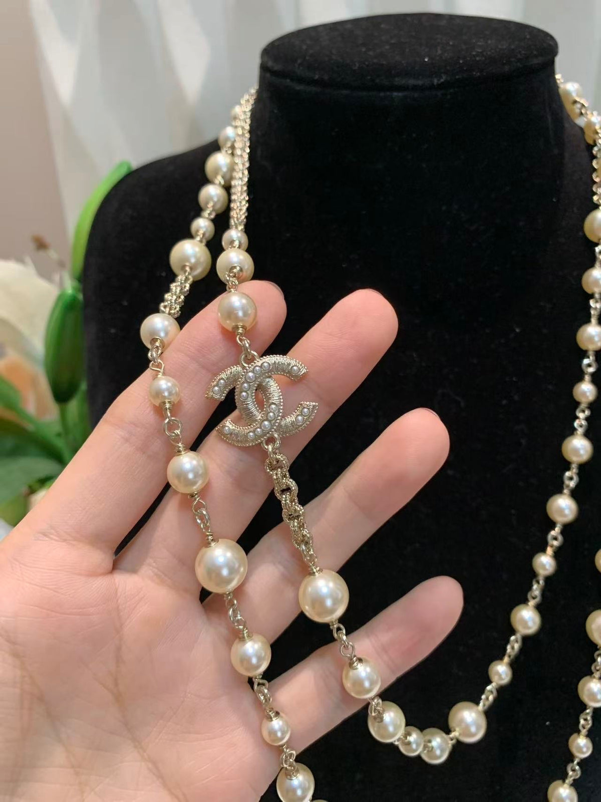 Long Pearl Strand Necklace with Iconic Logo Accents