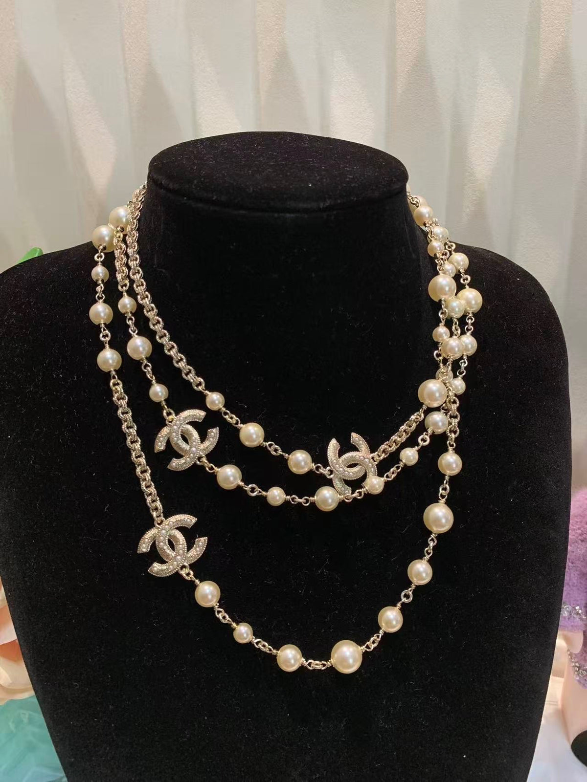 Long Pearl Strand Necklace with Iconic Logo Accents