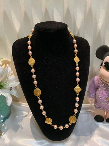 Pink Pearl and Metal Chain Link Necklace
