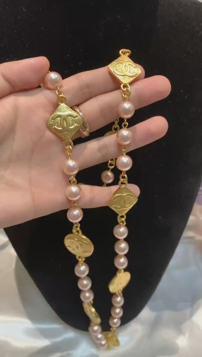 Pink Pearl and Metal Chain Link Necklace